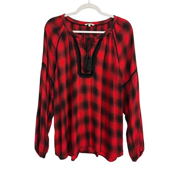 reCreation Womans XL Red Buffalo Plaid Crochet Velour Tassel Balloon Sleeve Top - Picture 1 of 11